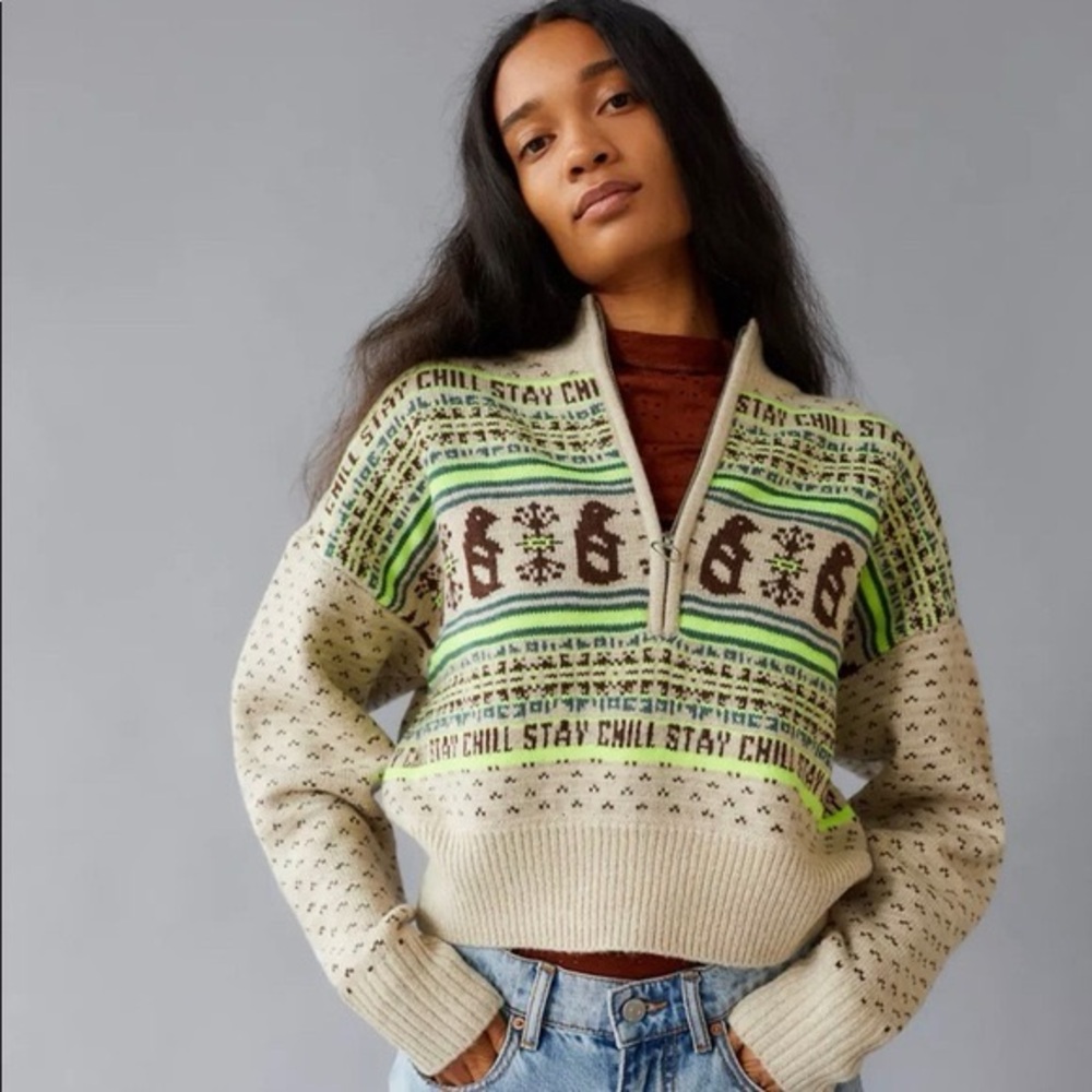 BDG. Jessie Half Zip Sweater. Neutrals & Greens. Size Small.